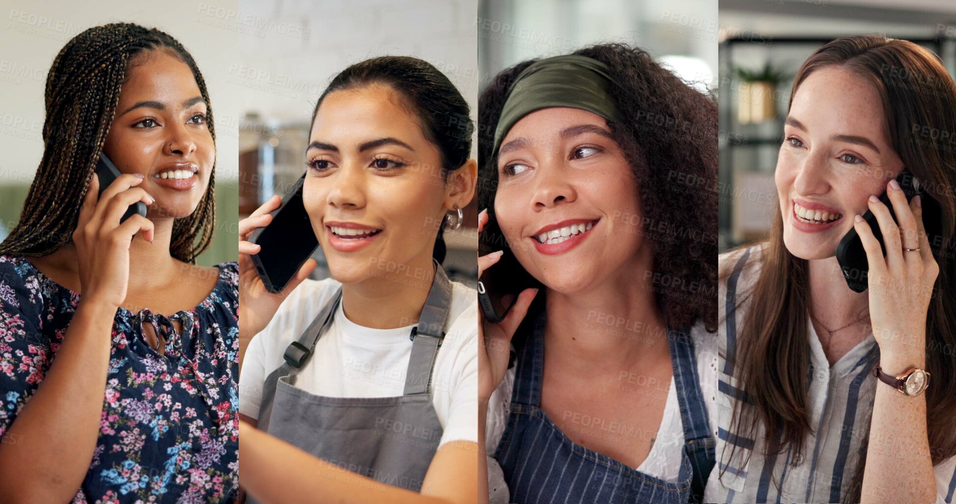 Buy stock photo Composite, phone call and women with talking in workplace, communication and networking with smile. Diversity, conversation and happy people with mobile app for contact, collage and connectivity 