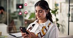 Happy woman, chatting or texting with heart icons for social media, network or review in office. Female person, employee or user with mobile smartphone app for online communication, like or reaction