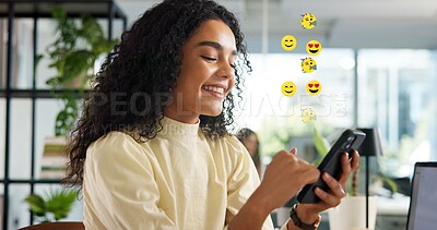 Buy stock photo Woman, phone and overlay with emoji at startup, smile and texting on break, contact and icon for chat. Person, smartphone and happy for sign, symbol or scroll on social media at creative agency