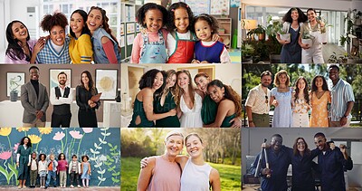 Buy stock photo Composite, portrait and friends with happy memory, everyday life and milestone events for social media post. Collage, hug and people with picture for nostalgia, children or workplace for fun moments