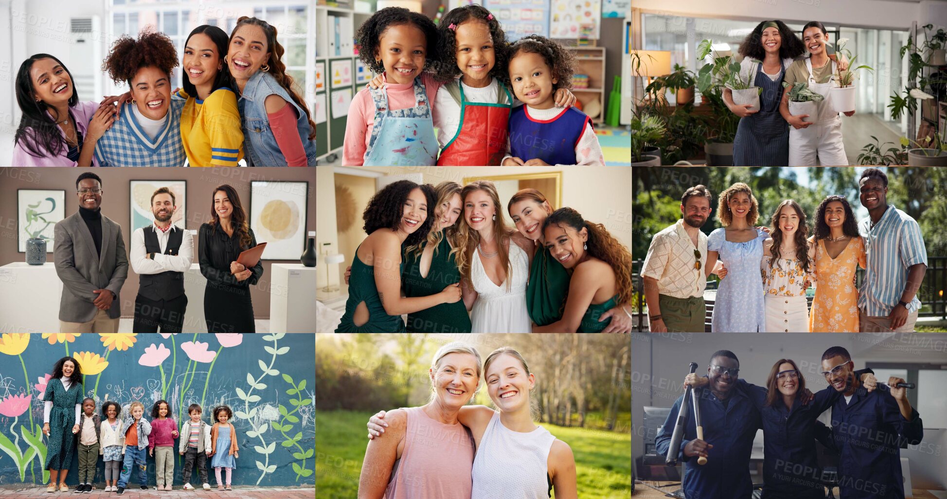 Buy stock photo Composite, portrait and friends with happy memory, everyday life and milestone events for social media post. Collage, hug and people with picture for nostalgia, children or workplace for fun moments