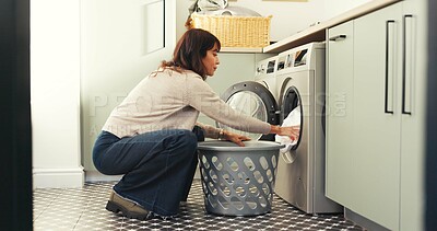 Buy stock photo Woman, clothes and washing machine for cleaning in home with basket, fabric and routine for hygiene. Person, container and appliance with laundry, linen or chores with housekeeping at apartment