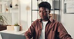 Business, online reading and black man with laptop, email or magazine website. African person, employee or journalist in office, computer or feedback for article, internet or research for news report