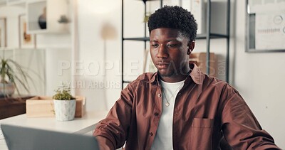 Buy stock photo Business, online reading and black man with laptop, email or magazine website. African person, employee or journalist in office, computer or feedback for article, internet or research for news report