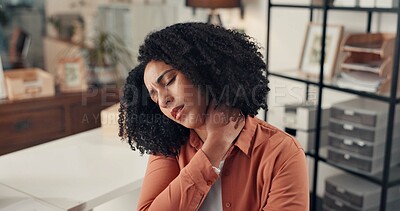 Buy stock photo Business, neck pain and woman in office, tired and muscle tension with copywriting. Person, inflammation and journalist in workplace, stress and massage with joint injury, pressure and burnout