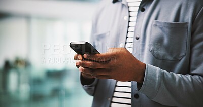 Buy stock photo Typing, hands and man in office with mobile, online communication or content plan for client. Productivity, digital or marketing consultant in agency with tech, stakeholder chat or update on email.