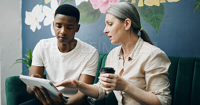 Buy stock photo Cafe, meeting and people with tablet, planning and conversation with web design. Teamwork, man and woman in coffee shop, brainstorming and ideas for project, feedback and review for proposal