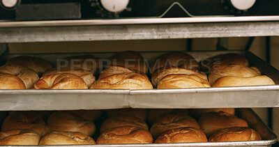 Buy stock photo Bakery, rolls and shelf in commercial kitchen with cooking or food for small business startup. Catering, patisserie and quality control with order in restaurant for breakfast, industry or production