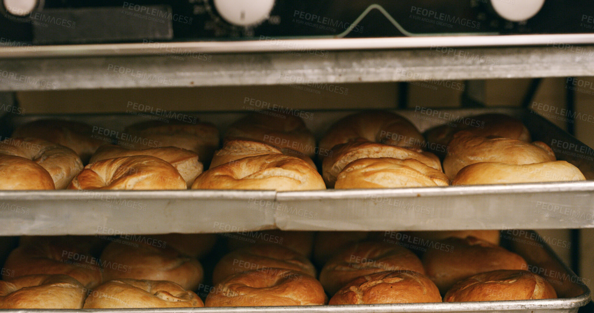 Buy stock photo Bakery, rolls and shelf in commercial kitchen with cooking or food for small business startup. Catering, patisserie and quality control with order in restaurant for breakfast, industry or production