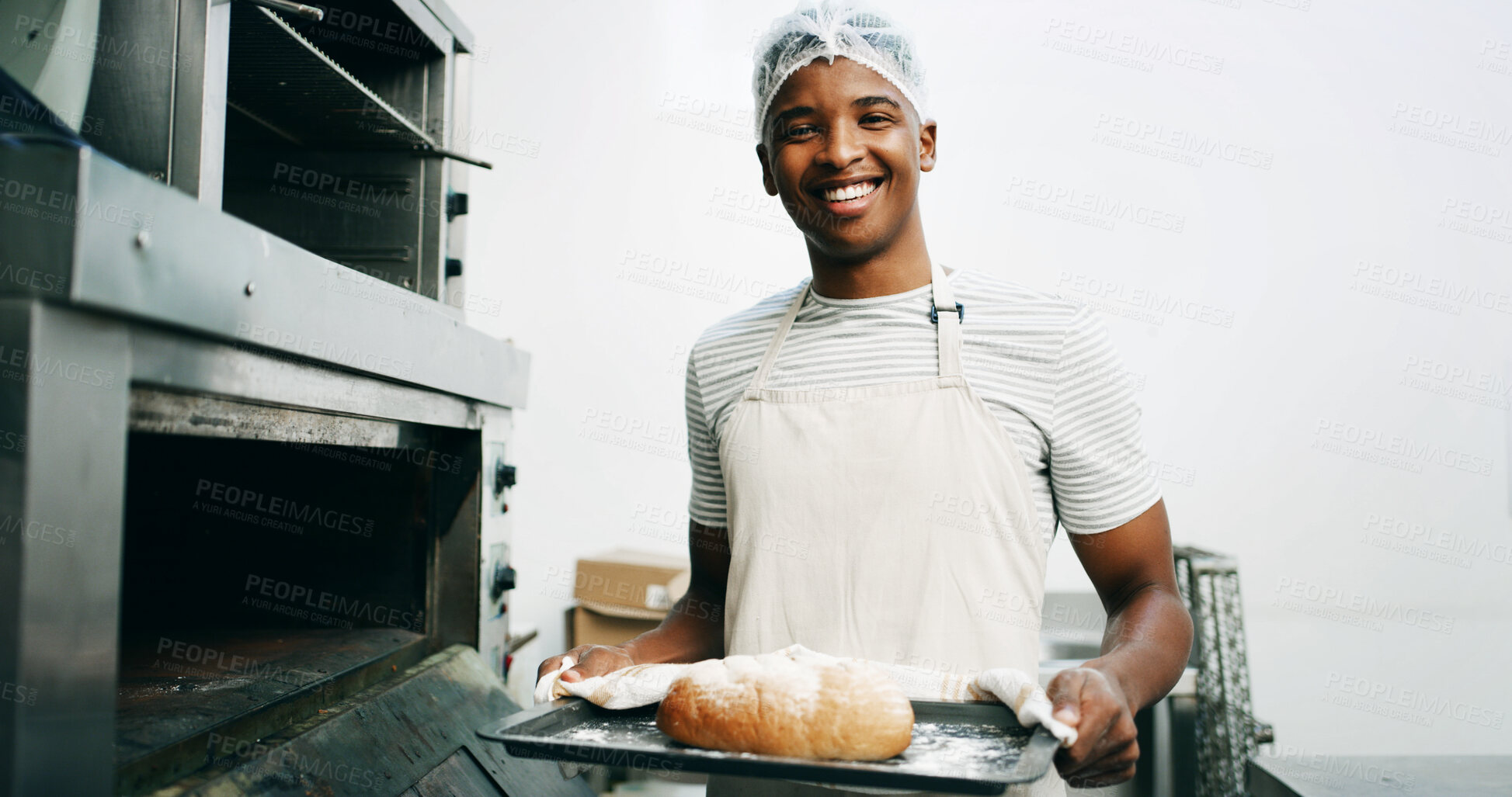 Buy stock photo Bread, baker and portrait with black man and oven for cooking, culinary process and food production. Health, wheat and baking with person in coffee shop for catering, restaurant and bakery kitchen