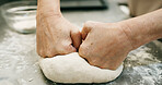 Bread, dough and hands of baker in kitchen for restaurant, cooking and mixing flour. Bakery, ingredient and kneading with person baking in cafe for wheat pizza base, coffee shop and culinary process