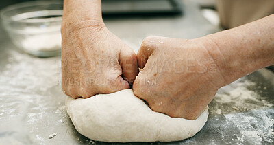 Buy stock photo Bread, dough and hands of baker in kitchen for restaurant, cooking and mixing flour. Bakery, ingredient and kneading with person baking in cafe for wheat pizza base, coffee shop and culinary process