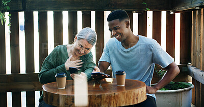 Buy stock photo Coffee shop, entrepreneur or employee laugh with phone, funny reviews or online comment for restaurant. Happiness, positive feedback or people with mobile app in cafe, reading website or social media