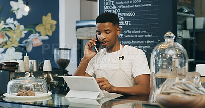 Buy stock photo Man, barista and phone call at coffee shop, talk or contact for stock, deal or inventory management. African person, waiter and tablet on app, list or chat with supplier for discount at restaurant