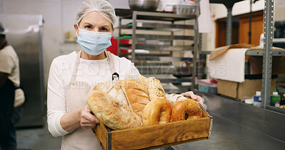 Buy stock photo Bakery, happy and portrait of woman with bread in basket for bake products, service and pastry. Cafe, small business and person with food, loaf and bagels for serving, restaurant and culinary skills