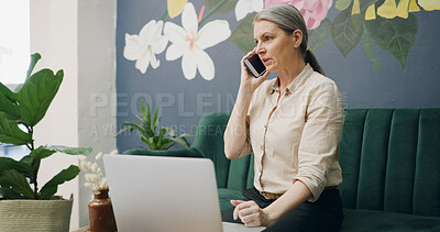 Buy stock photo Office, florist and woman with laptop, phone call or discussion with supplier for stock availability. Small business, entrepreneur and mature person with tech for communication and delivery schedule