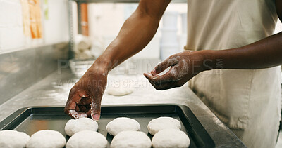 Buy stock photo Man, hands and flour in bakery with dough for baking bread, cooking food and restaurant cuisine. Chef, powder or ingredients in kitchen with hospitality catering, meal prep or gluten free bun recipe.