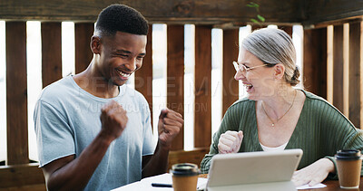 Buy stock photo Tablet, celebration and business people in cafe with discussion for creative project with plan. Happy, cappuccino and magazine editor with manager for article publishing with digital technology.