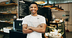 Black man, portrait and small business with confidence in cafe for food, breakfast or service. Male person, entrepreneur or smile with arms crossed for hospitality, catering or startup in coffee shop