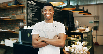 Buy stock photo Black man, portrait and small business with confidence in cafe for food, breakfast or service. Male person, entrepreneur or smile with arms crossed for hospitality, catering or startup in coffee shop