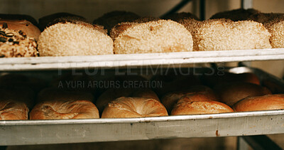 Buy stock photo Bakery, shelf and bagels in commercial kitchen with food, cooking and small business. Patisserie, order and quality control for catering, restaurant industry and production for breakfast or snack