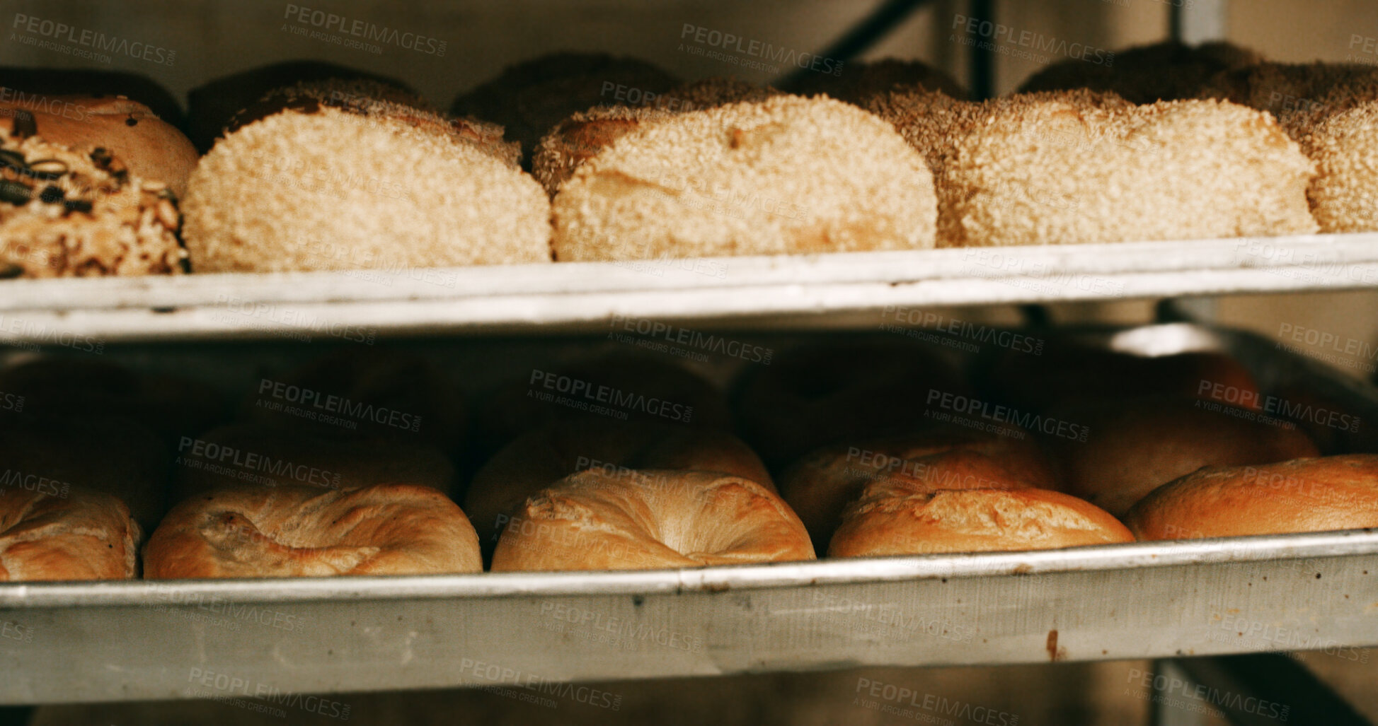 Buy stock photo Bakery, shelf and bagels in commercial kitchen with food, cooking and small business. Patisserie, order and quality control for catering, restaurant industry and production for breakfast or snack