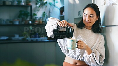 Buy stock photo Woman, french press and coffee in kitchen, home and pride with warm beverage, mug and smile. Person, cup and filter kettle with morning routine, confident or happy for caffeine drink at apartment