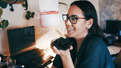 Buy stock photo Loudspeaker, remote work or woman with phone call in home office, freelancer or conversation with client. Laugh, project discussion and writer with mobile for article info, agreement details and plan
