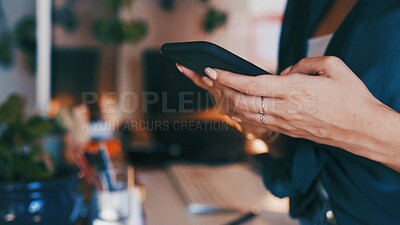 Buy stock photo Night, hands of woman in home office with phone, online communication or research scroll in remote work. Digital, WFH and freelancer in house with tech, task management or schedule update in overtime