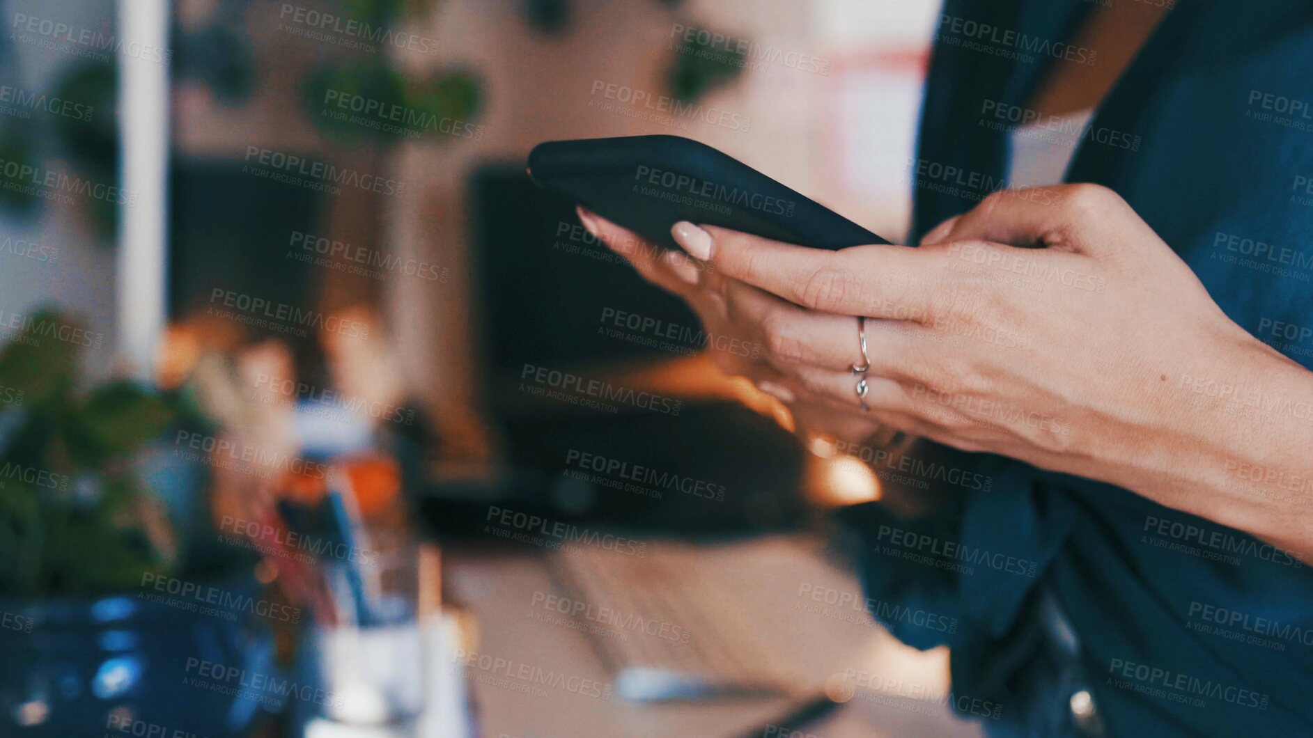 Buy stock photo Night, hands of woman in home office with phone, online communication or research scroll in remote work. Digital, WFH and freelancer in house with tech, task management or schedule update in overtime