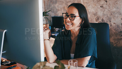 Buy stock photo Freelancer, computer and smile with woman in home office for graphic designer, research and planning. Web media layout, remote worker and entrepreneur with person in apartment for artist project