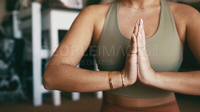 Buy stock photo Woman, hands or zen with namaste for meditation, inner peace or spiritual healing in home. Closeup, female person or yogi with chakra, mudra or mantra for awareness, health and wellness in house