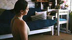 Fitness, meditation and yoga with woman in living room of home for holistic or wellness routine. Balance, inner peace and zen with Asian person on apartment floor for awareness, calm or mindfulness