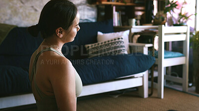 Buy stock photo Fitness, meditation and yoga with woman in living room of home for holistic or wellness routine. Balance, inner peace and zen with person on apartment floor for awareness, calm or mindfulness