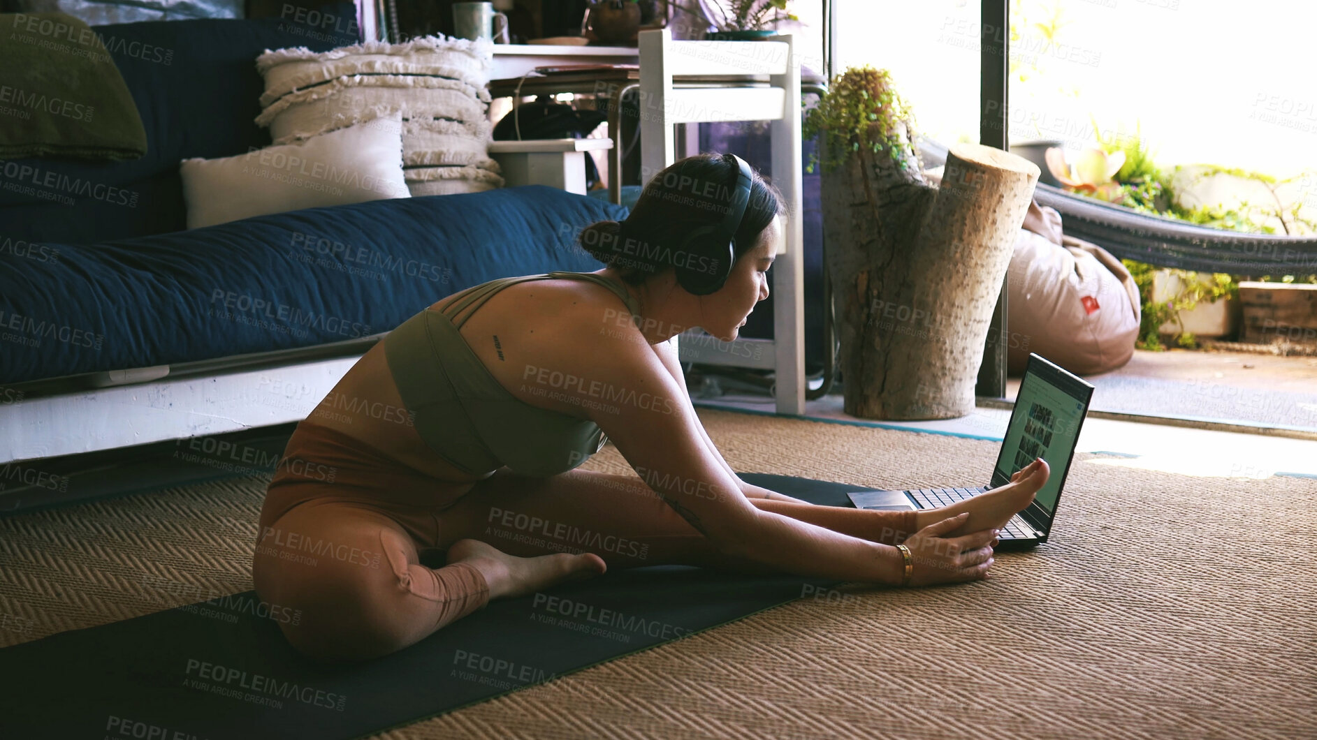 Buy stock photo House, fitness and woman with laptop, yoga and stretching with wellness, pilates and balance. Apartment, website info or person in lounge, computer and online course with internet and connection