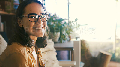 Buy stock photo Home, portrait and happy woman on couch, glasses and smile with comfort, relax and break. Apartment, eyewear and person on sofa, clear vision and optometry with prescription lenses and rest in lounge