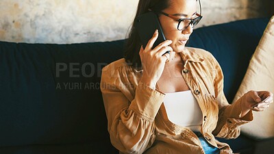Buy stock photo Phone call, credit card and app with woman on sofa for Ecommerce, fintech and digital payment. Online banking, password verification and account pin with person in living room of home for order