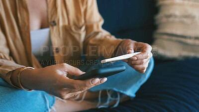 Buy stock photo Phone, pregnancy test and hands of woman on sofa for announcement, ovulation tracking kit and app. Ivf results, communication and prenatal stick with person in living room of home for fertility check