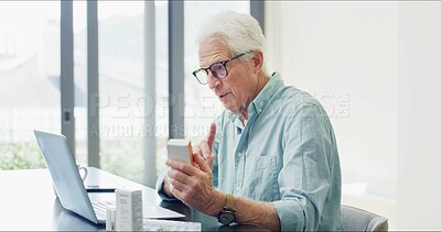 Buy stock photo Video call, pills and laptop with old man in home for dosage, telehealth contact and side effects. Virtual consultation, online pharmacy and doctor advice with senior person for prescription