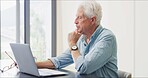 Old man, reading or laptop in home for retirement planning, pension policy or finance management. Elderly person, computer or review with inheritance info, estate preparation and trust fund website.
