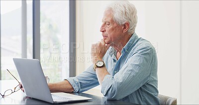 Buy stock photo Old man, reading or laptop in home for retirement planning, pension policy or finance management. Elderly person, computer or review with inheritance info, estate preparation and trust fund website.