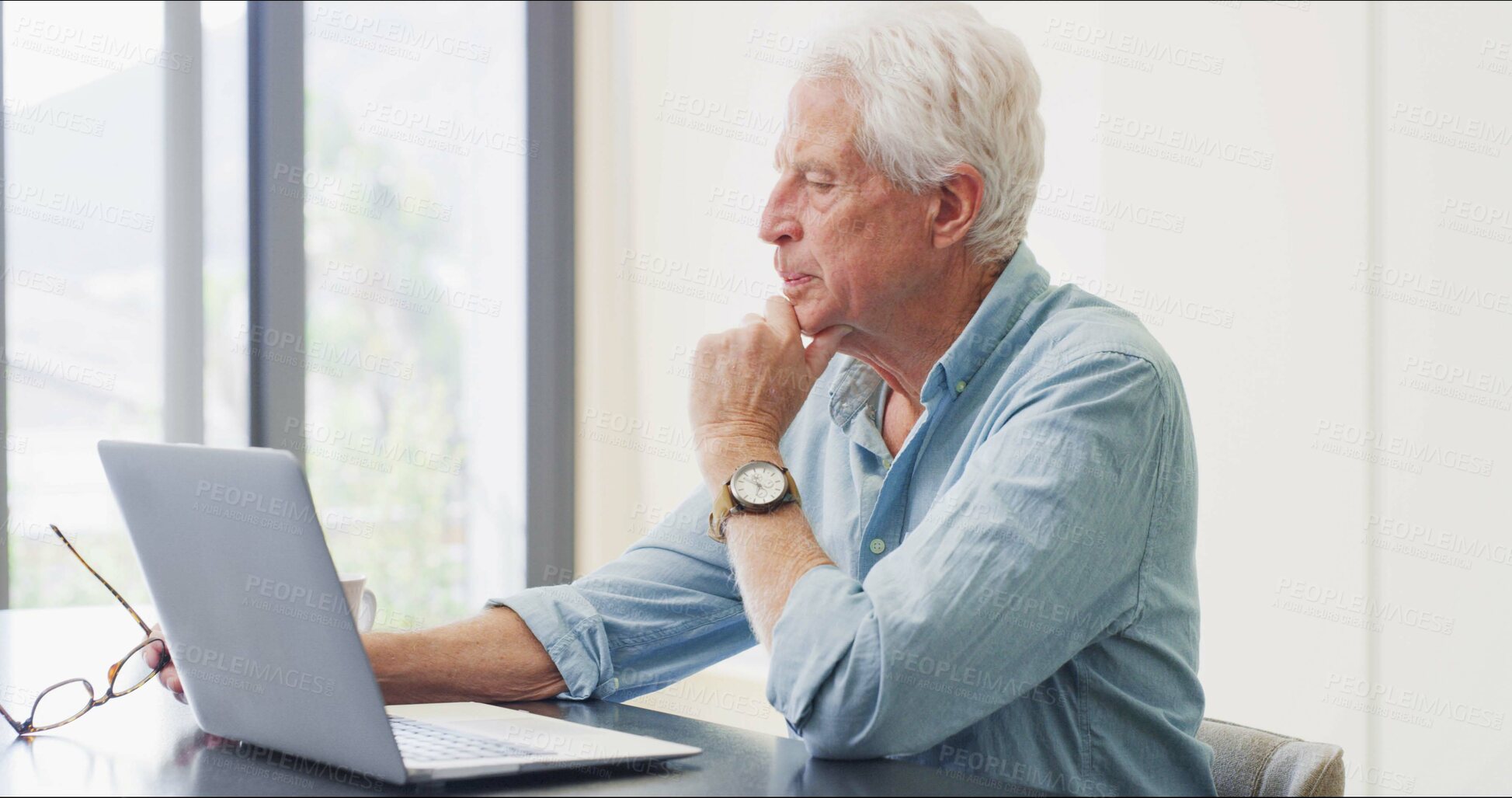 Buy stock photo Old man, reading or laptop in home for retirement planning, pension policy or finance management. Elderly person, computer or review with inheritance info, estate preparation and trust fund website.