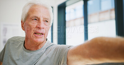 Buy stock photo Senior man, stretching arms and physiotherapy for healing, recovery and muscle injury at clinic. Elderly person, patient and warm up routine for rehabilitation, exercise and wellness at hospital