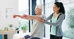 Physiotherapy, dumbbell and support with old man in clinic for muscle healing, rehabilitation and injury. Physical therapy, osteoarthritis recovery and weightlifting with senior patient and woman