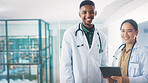 Healthcare, portrait and tablet with doctors in hospital together for collaboration or trust. App, smile and space with happy medicine professional people in clinic for appointment or insurance