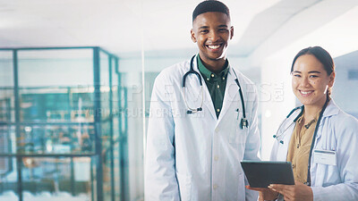 Buy stock photo Healthcare, portrait and tablet with doctors in hospital together for medical collaboration. App, smile and space with happy medicine professional people in clinic for planning, research or trust