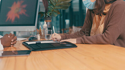 Buy stock photo Hands, patient and doctor with paperwork at clinic, writing and sign for insurance application in office. People, medical professional and documents for healthcare services, symptoms or checklist