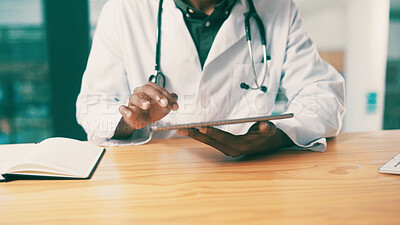 Buy stock photo Doctor, hands and research with tablet for medical, telehealth or discovery in hospital. Surgeon, employee or healthcare worker with technology or notebook for health service or study in clinic