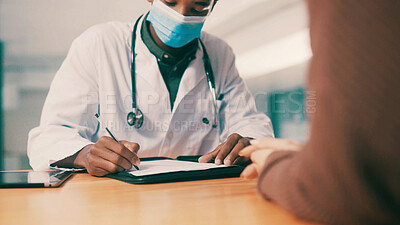 Buy stock photo Writing, doctor and patient with document for healthcare history, info or report in clinic. Consultation, medical professional and man with paper for checkup, prescription and PPE with safety mask