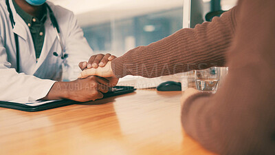 Buy stock photo Holding hands, support and doctor with patient in office, kindness and compassion for results consultation. Healthcare, people and physician comfort client, diagnosis and empathy for medical service